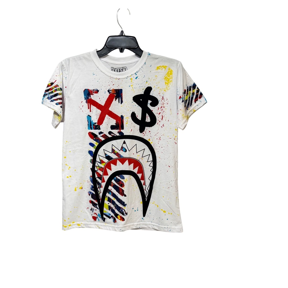 Fresh Laundry Boys White Shark Graphic Paint Splatter T-Shirt Size L Streetwear